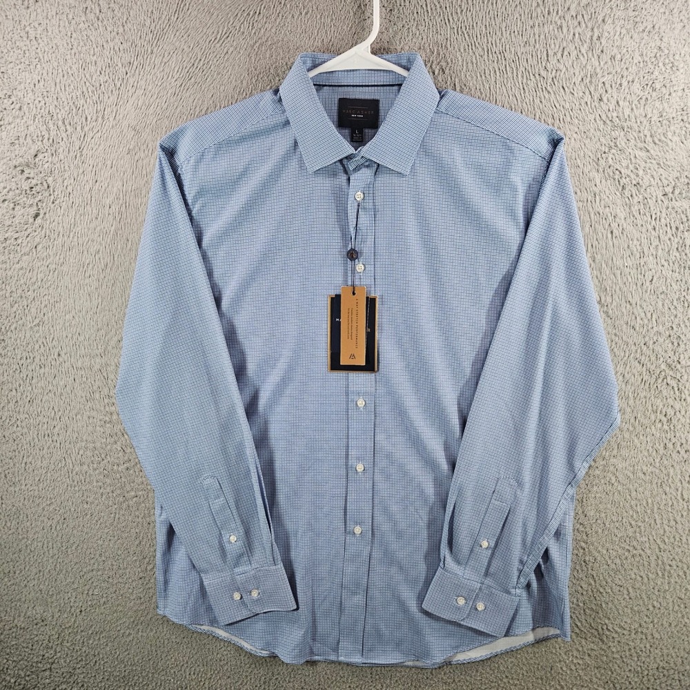 Marc Asher New York Mens Blue Micro Check Stretch Performance Dress Shirt L 16.5